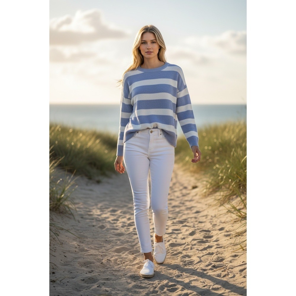 Belford Blue‎ White Striped Cotton Blend Crew Neck Sweater Coastal Fits M/L $225